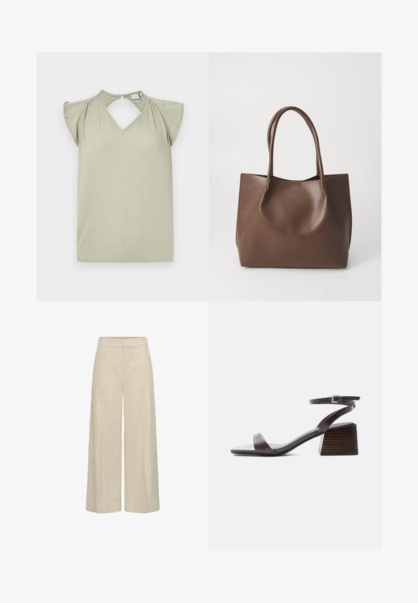Top de manga corta, de color verde claro, con escote en V y detalle de abertura en la parte posterior. Hecho de una tela suave; presenta suaves volantes en los hombros.; Pantalones beige de pierna ancha con detalles de costura frontal, trabillas para cinturón y cierre frontal oculto.; Sandalia de cuero marrón oscuro con correa en el tobillo, tacón bajo de bloque y punta abierta, mostrada de perfil lateral sobre fondo blanco.; Bolso tote de cuero marrón con dos asas largas, forma estructurada, textura suave y diseño minimalista. Sin herrajes o acentos visibles.