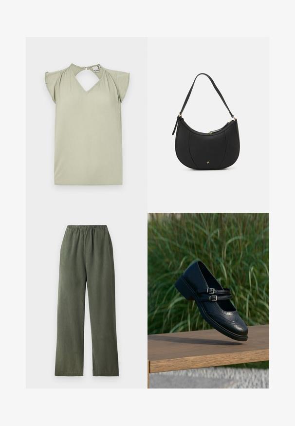 Top de manga corta, de color verde claro, con escote en V y detalle de abertura en la parte posterior. Hecho de una tela suave; presenta suaves volantes en los hombros.; Pantalones anchos verdes, fabricados con un tejido suave y con cintura elástica. Cuentan con una textura lisa y un diseño simple y minimalista.; Zapato Mary Jane negro de cuero con dobles correas con hebillas y detalles brogue, flotando sobre un banco de madera con fondo de césped verde.; Bolso de mano de cuero negro con forma curva, superficie texturizada, costuras frontales y un logo en tono dorado. Cuenta con una sola correa ajustable.