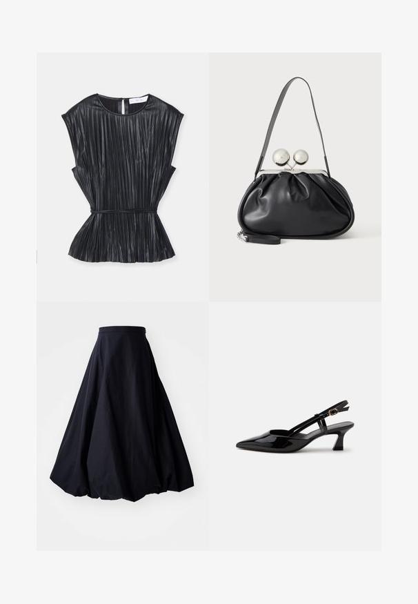Sort plisseret top med rund halsudskæring, korte batwing-ærmer, indsnævret talje og lukning bagpå. Fremstillet af et glat, skinnende stof.; By Malene Birger AUBREY - Maxinederdele - black; Sort laklæderslingback med lille hæl, spids tå og justerbar guldlåsrem på hvid baggrund.; Sort læderhåndtaske med opsamlet design, en enkelt rem, sølv metalramme og to store runde sølv lukninger.