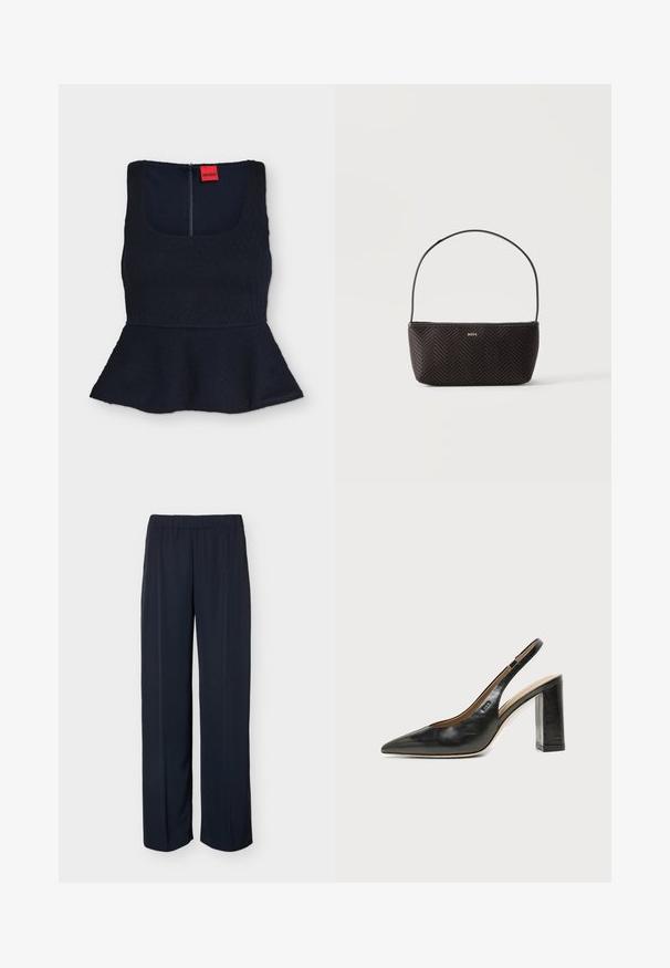 Haut sans manches noir à basque avec motif en losange texturé et encolure carrée, avec une étiquette de marque rouge Hugo visible à l'intérieur du col.; Pantalon droit bleu marine foncé avec taille élastique et détail subtil de pli avant, présenté sur un fond uni.; Chaussure slingback en cuir noir à bout pointu avec un talon bloc haut et une doublure intérieure beige sur un fond clair uni.; Sac à main noir tissé texturé avec une seule bandoulière et un petit logo doré "BOSS" au centre devant.