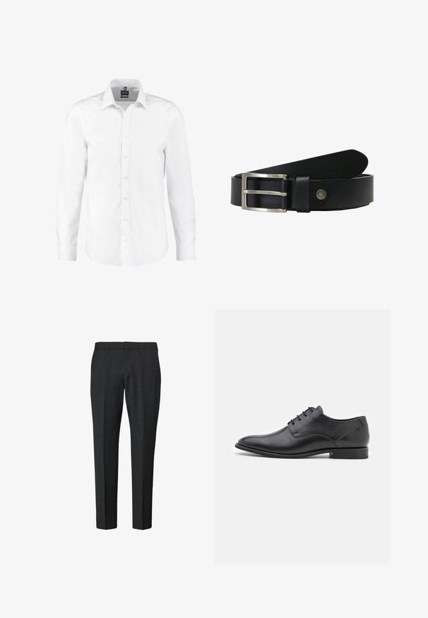 Chemise blanche à manches longues en tissu lisse, dotée d'un col classique, d'une fermeture à boutons sur le devant et de poignets avec un seul bouton. Sans motifs ni accents.; Pantalon habillé pour hommes noir, cintré, avec passants pour ceinture et pli sur le devant, présenté de face sur fond blanc.; Chaussure habillée en cuir noir avec une texture lisse, nez pointu, petit talon et six œillets pour le laçage. Design simple sans embellissements.; Ceinture en cuir noir avec une boucle en métal argenté, présentant une texture lisse et des bords arrondis. Comprend un accent de marque sur la sangle.