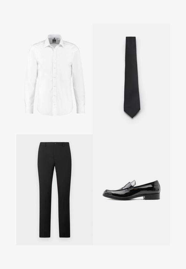 Weißes Langarmhemd aus glattem Stoff, mit klassischem Kragen, Knopfleiste und Manschetten mit einzelnen Knöpfen. Keine Muster oder Akzente.; Schwarze, maßgeschneiderte Hose mit geradem Bein, ausgestattet mit Knopfverschluss und Gürtelschlaufen. Hergestellt aus glattem Stoff ohne sichtbare Muster.; Schwarzer Lackleder-Herrenschuh mit niedrigem Absatz, rundem Zehenbereich und Riemendetail über dem Spann vor weißem Hintergrund.; Schmale schwarze Krawatte mit einem strukturierten, diagonalen Rippmuster. Verfügt über eine spitze Spitze und eine glatte Oberfläche. Geeignet für formelle Anlässe.