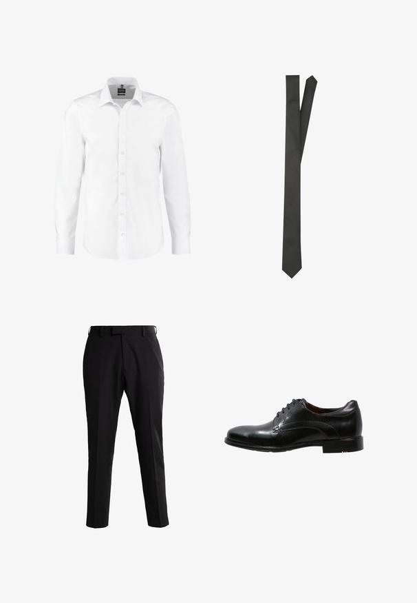Hvid langærmet skjorte lavet af glat stof, med klassisk krave, knaplukning foran og manchetter med enkeltknapper. Ingen mønstre eller detaljer.; Next SKINNY FIT - Habitbukser - black; Sorte læderherresko med en glat finish, rund tå og seks huller til snørebånd. Har et subtilt syet design og en flad hæl.; Sort slips, glat stof, slank form, spids ende. Ingen mønstre eller hardware synligt, minimalistisk design. Længden er standard for halsudstyr.