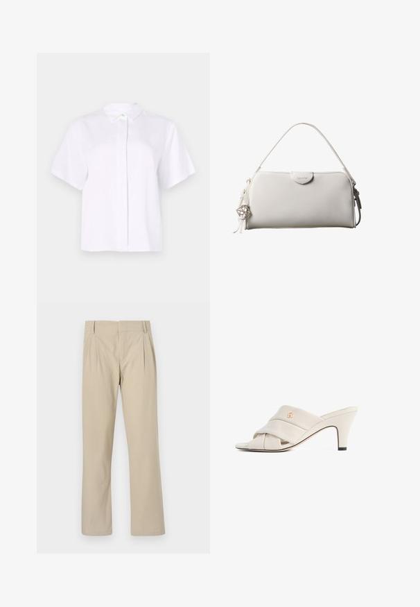 Chemise blanche à manches courtes en tissu lisse, dotée d'un col pointu et d'une patte de boutonnage avec un bouton d'accent vert.; Pantalons larges beige en mélange de coton ; avec plis à l'avant, coupe droite et passants de ceinture. Texture lisse, sans motifs.; Mules à talons hauts beiges avec un design de bride en cuir torsadé, bout ouvert et motif de logo en relief. Le talon présente un détail d'embout noir.; Sac à main rectangulaire blanc Calvin Klein avec une seule poignée, design minimaliste et pampilles décoratives avec un charm métallique géométrique sur le côté.