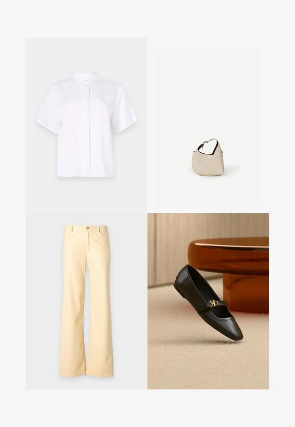 Chemise blanche à manches courtes en tissu lisse, dotée d'un col pointu et d'une patte de boutonnage avec un bouton d'accent vert.; Pantalons évasés en jaune pâle, en matériau lisse et brillant. Comprend un bouton avant, deux poches latérales et une coupe droite.; Chaussure plate en cuir noir avec bout pointu et logo CK doré sur la bride, posée sur un tapis beige près d'une table ronde couleur ambre brun.; Sac à main en cuir beige en forme de croissant avec une seule bandoulière et des coutures minimalistes, posé sur un fond blanc uni.