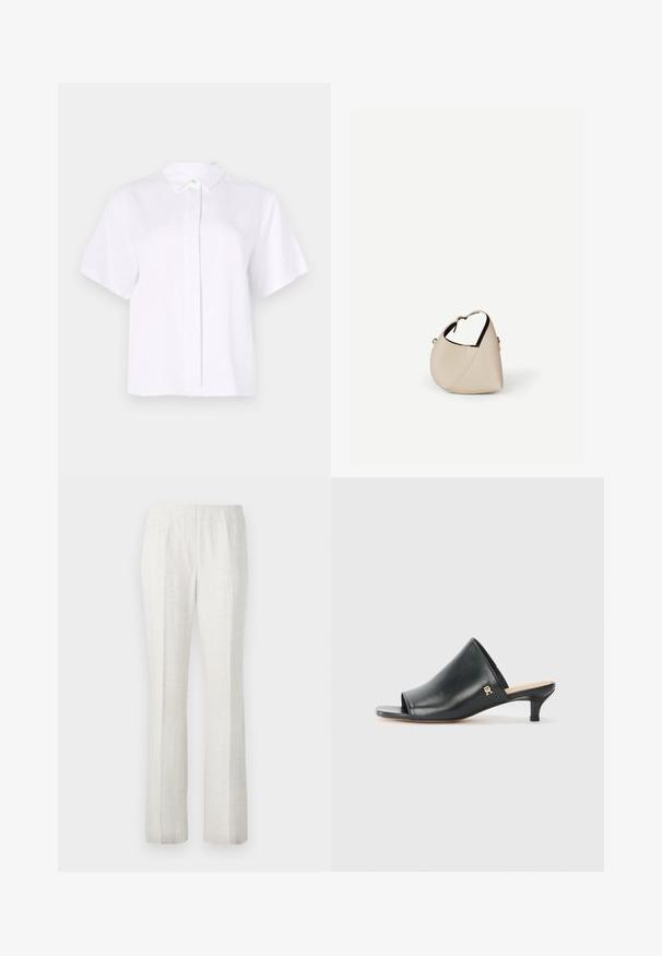 Chemise blanche à manches courtes en tissu lisse, dotée d'un col pointu et d'une patte de boutonnage avec un bouton d'accent vert.; Pantalons de couleur claire, à jambes droites et texture lisse, dotés de plis frontaux et d'une ceinture au design épuré.; Mules ouverts en cuir noir avec un talon bas. Présentent une surface lisse et un accent logo doré sur le côté.; Sac à main en cuir beige en forme de croissant avec une seule bandoulière et des coutures minimalistes, posé sur un fond blanc uni.