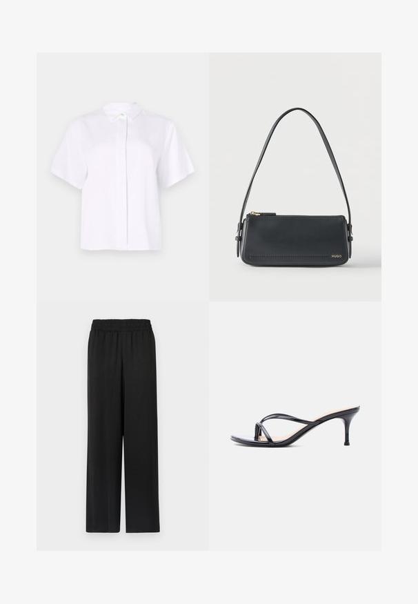 Chemise blanche à manches courtes en tissu lisse, dotée d'un col pointu et d'une patte de boutonnage avec un bouton d'accent vert.; Pantalon large noir avec une taille élastique, fabriqué dans un tissu lisse et léger. Présente une coupe droite et sans motifs visibles.; Sandale à talon en cuir verni noir avec fines lanières croisées et talon aiguille moyen et élancé sur fond blanc.; Sac à bandoulière rectangulaire en cuir noir avec fermeture éclair dorée et petit logo "HUGO" doré sur le devant, doté d'une sangle réglable avec boucle.