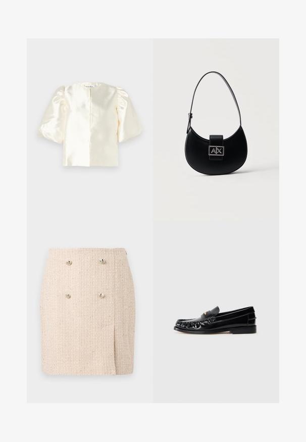 Ivoor satijnen blouse met pofmouwen, voorzien van een ronde halslijn en een rechte rugsluiting. Glad textuur met een minimalistisch ontwerp.; Beige textured rok met een geweven patroon, voorzien van twee opvallende zilveren knopen aan de voorkant en een licht asymmetrische zoom.; Zwarte leren instappers met een ronde neus, decoratieve stiksels en een kleine gouden accent op de wreef. Platte rubberen zool, strak design.; Zwart handtas in de vorm van een halve maan met een enkele verstelbare band en een zilveren A|X-logo sluiting op de voorsflap.