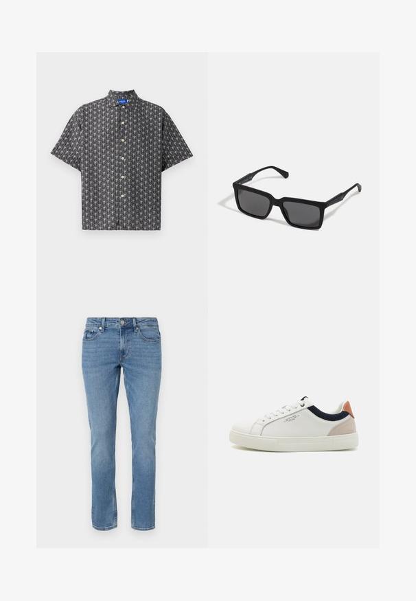Kortærmet skjorte med knapper i sort stof, der har et hvidt bladmønster, spids krave og brune knapper jævnt fordelt ned ad forsiden.; Blå lige ben denim jeans med for lommer, bæltesløjfer og knaplukning.; Hvide lædersneakers med low-top design, marineblå stofdetalje på kraven og en lys lyserød suede hælflap. Gummisål.; Sorte solbriller med rektangulære linser, mat finish, tykke stel og slanke arme med en subtil brandingdetalje.