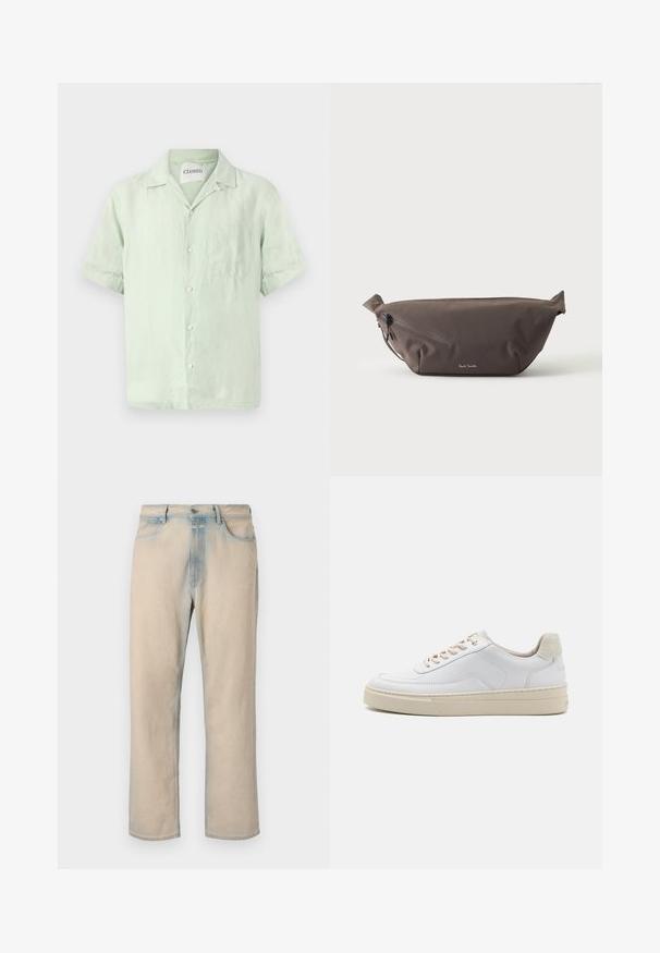 Kurzärmeliges, hellgrünes Leinenhemd mit durchgehender Knopfleiste, Kragen und einer einzelnen Brusttasche. Sanfte Textur und lockere Passform.; Helle beige Jeans aus Denim mit geradem Bein, verblassten blauen Akzenten, fünf Taschen und einem Knopfverschluss an der Taille.; Weiße Sneaker mit einem glatten Lederobermaterial, beigen Schnürsenkeln und einer strukturierten, beigen Wildleder-Fersenschlaufe. Erhöhte Sohle für zusätzlichen Komfort.; Dunkelbraune Stoff-Gürteltasche mit diagonalem Reißverschlussfach und kleinem weißen Logo vorne, vor einem einfarbigen hellen Hintergrund.