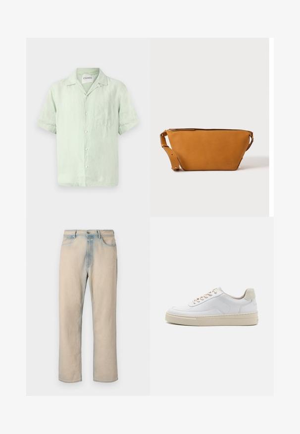 Kurzärmeliges, hellgrünes Leinenhemd mit durchgehender Knopfleiste, Kragen und einer einzelnen Brusttasche. Sanfte Textur und lockere Passform.; Helle beige Jeans aus Denim mit geradem Bein, verblassten blauen Akzenten, fünf Taschen und einem Knopfverschluss an der Taille.; Weiße Sneaker mit einem glatten Lederobermaterial, beigen Schnürsenkeln und einer strukturierten, beigen Wildleder-Fersenschlaufe. Erhöhte Sohle für zusätzlichen Komfort.; Hellbraune Leder-Umhängetasche mit verstellbarem Schulterriemen und Reißverschluss, vor einem schlichten hellen Hintergrund gezeigt.