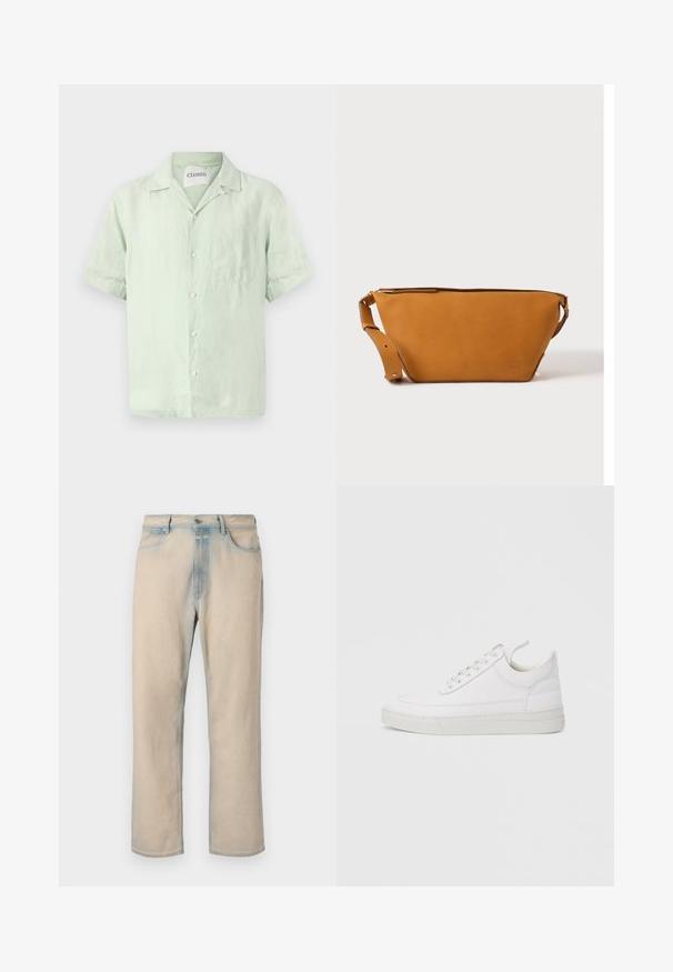 Kortærmet, lysegrøn linskjorte med knaplukning foran, krave og en enkelt brystlomme. Blød tekstur og afslappet pasform.; Lyse beige denim jeans med lige ben design, falmede blå detaljer, fem lommer og en knaplukning i taljen.; Hvid lædersneaker med rundet tå, flad sål og snørebånd foran. Har syningsdetaljer og polstret krave for komfort.; Lys brun læder crossbody taske med justerbar rem og lynlås, vist mod en ensartet lys baggrund.