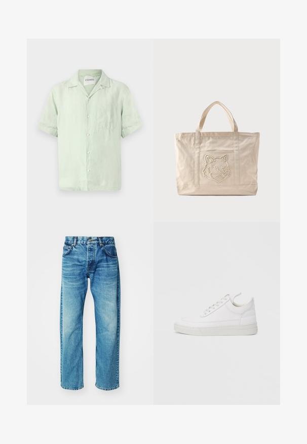 Kurzärmeliges, hellgrünes Leinenhemd mit durchgehender Knopfleiste, Kragen und einer einzelnen Brusttasche. Sanfte Textur und lockere Passform.; Blaue Jeans aus Denim mit lockerer Passform, ausgestattet mit fünf Taschen, einem Knopfverschluss und subtilen Verblassungen sowie einem leicht ausgefransten Saum.; Weißer Ledersneaker mit abgerundetem Zehenbereich, flacher Sohle und Schnürverschluss. Verfügt über Nahtdetails und einen gepolsterten Kragen für zusätzlichen Komfort.; Beige Canvas-Tragetasche mit doppelten Griffen und einem geprägten Wolfskopfdesign auf der Fronttasche.