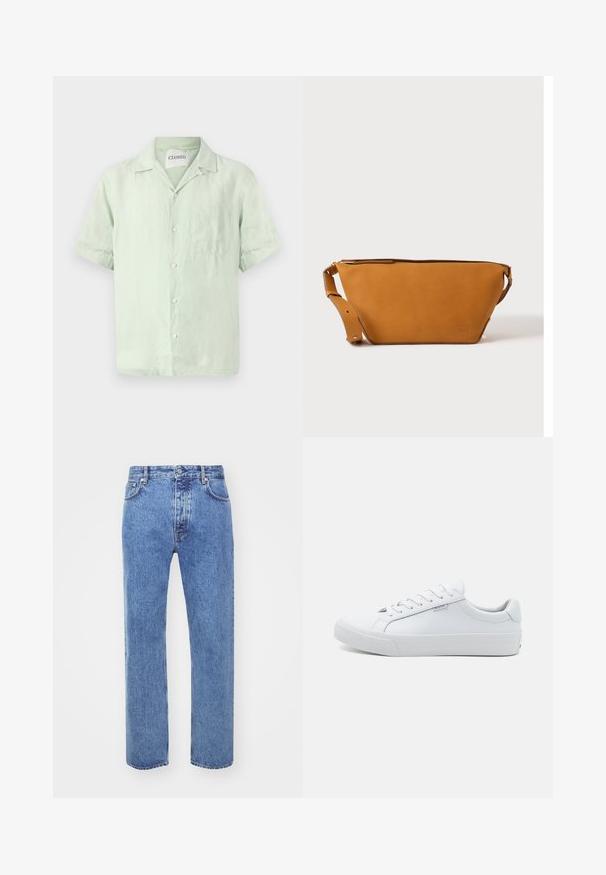 Kurzärmeliges, hellgrünes Leinenhemd mit durchgehender Knopfleiste, Kragen und einer einzelnen Brusttasche. Sanfte Textur und lockere Passform.; Won Hundred STEVE - Jeans Relaxed Fit - cut blue; Weiße Leder-Sneaker mit glatter Oberfläche, niedrigem Design, runder Spitze und flacher Gummisohle. Ausgestattet mit flachen Schnürsenkeln und minimaler Markenkennung.; Hellbraune Leder-Umhängetasche mit verstellbarem Schulterriemen und Reißverschluss, vor einem schlichten hellen Hintergrund gezeigt.