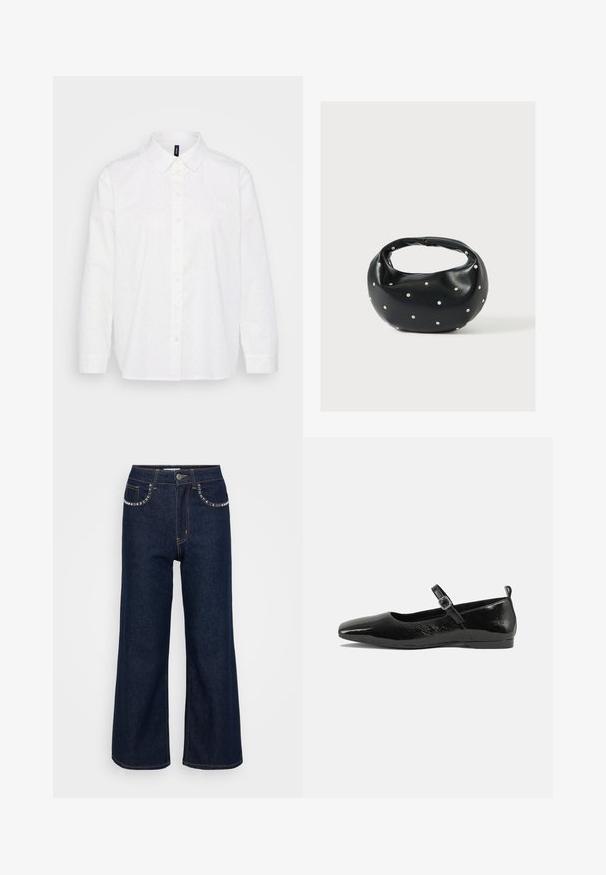 Biela košeľa s button-up zapínaním, zdobená bodkovaným vzorom v modrej, ružovej a zelenej farbe. Klasický golier, dlhé rukávy a rovný lem.; Tmavomodré široké džínsy vyrobené z denimu, s vysokým pásom, dvoma prednými vreckami s dekoratívnym prešívaním a jedným uzatváraním na gombík.; Čierne lakované baleríny s špicatou špičkou, remienkom na členku so sponou a hladkým, lesklým povrchom. Nízky podpätok pre pohodlie.; Čierna kožená kabelka s zaobleným tvarom, zdobená striebornými cvočkami a krátkym rúčkou. Hladká textúra a zapínanie na zips.