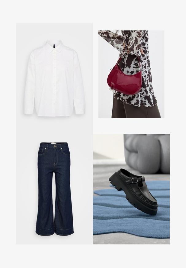 Biela košeľa s button-up zapínaním, zdobená bodkovaným vzorom v modrej, ružovej a zelenej farbe. Klasický golier, dlhé rukávy a rovný lem.; Tmavomodré široké džínsy so zapínaním na gombík a zips, a dizajnom s piatimi vreckami, vystavené na čistom svetlom pozadí.; Čierny kožený mokasín s robustnou podrážkou a striebornou prackou, umiestnený šikmo na textúrovanom modrom koberci.; Žena v čierno-bielom vzorovanom blúzke drží lesklú červenú kabelku cez rameno na jednofarebnom pozadí.