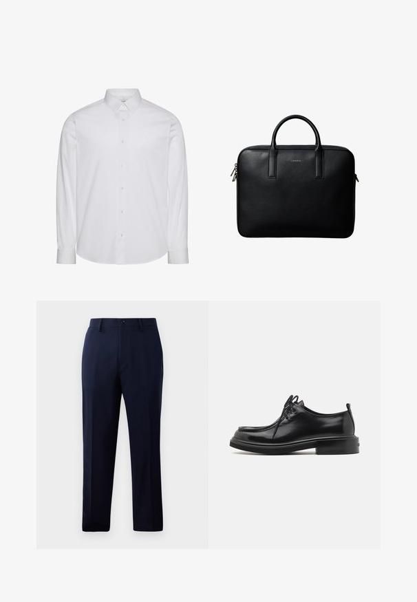 Camisa blanca de manga larga con botones, hecha de algodón. Presenta un cuello estándar, tapeta frontal con botones y dobladillo redondeado. Logo de la marca discreto.; Pantalones navy hechos de una tela suave, con un diseño clásico de pierna recta, bolsillos frontales y un cierre de botón en la cintura.; Calvin Klein LACE UP APRON BRUSH OFF - Zapatos de vestir - black; Maletín de cuero negro texturizado con doble asa y tiradores de cremallera plateados, centrado sobre fondo blanco.