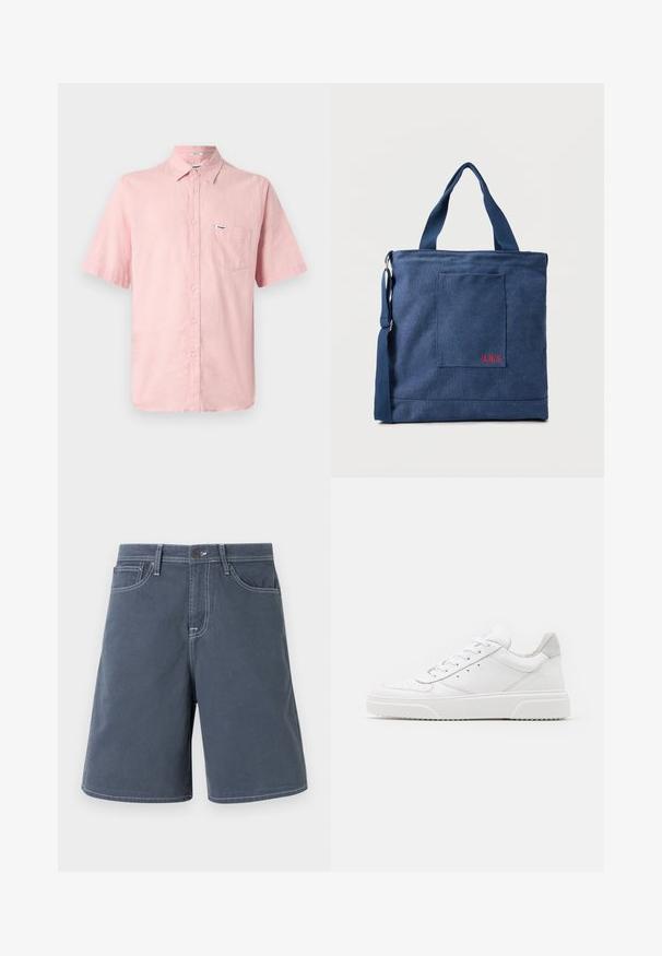 Hemd mit kurzen Ärmeln, Knopfleiste aus leichtem rosa Leinen, mit einer Brusttasche und einem kleinen Markenetikett auf der Brust. Mit Kragen.; Dunkelblaue Shorts aus Baumwolle mit weißen Nähten, fünf Taschen und einem Knopfverschluss an der Taille. Gerades Bein Design, minimales Detail.; Weiße Leder-Sneaker mit glatter Oberfläche, rundem Zehenbereich, flachen Schnürsenkeln und strukturiertem Schuhsohlen. Graues Wildleder-Detail an der Ferse.; Blauer Canvas-Einkaufstasche mit Vordertasche und roter "O.N.S" Stickerei, ausgestattet mit zwei Griffen und einem verstellbaren Schulterriemen.