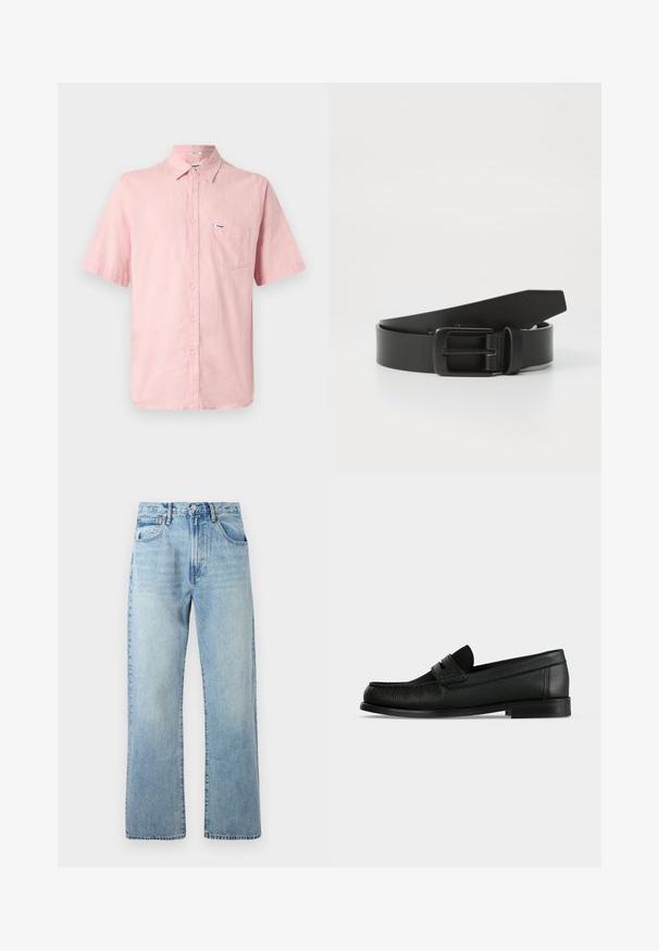 Kortærmet, knap-op skjorte i lyserødt linned med en frontlomme og et lille mærke på brystet. Krave-design.; Lysblå denimjeans med brede lige ben, fem lomme-design og bæltestropper i taljen. Stoffet har en let falmet tekstur.; Sort læder penny loafer med tekstureret overflade, lav hæl og en rem over overdelen, vist i sideprofil på en ensfarvet baggrund.; Sort læderbælte med spænde i mat sort metal, der har en glat tekstur og enkelt design. Justerbar længde med en tilspidset ende.