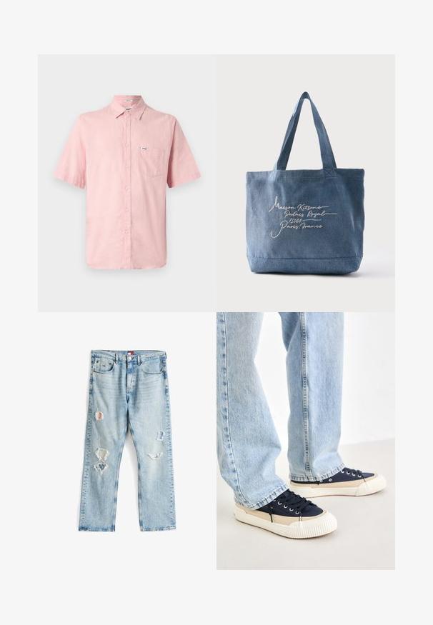 Camisa de manga corta, con botones, en lino de color rosa claro, con un bolsillo frontal y una pequeña etiqueta de marca en el pecho. Diseño con cuello.; Vaqueros de mezclilla azul claro con desgastes y parches. Corte recto con costuras visibles y un cierre de botón en la cintura.; Zapatillas bajas en navy y crema con suelas de goma texturizadas y cordones, combinadas con jeans de pierna recta en azul claro.; Bolsa tote de mezclilla azul con dos asas, con texto en cursiva blanca que dice "Maison Kitsuné Palais Royal 75001 París, Francia."