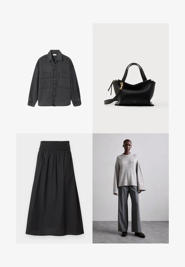 Mørkegrå denimjakke med knapper, to store forlommer og klassisk krave, vist fladt på en hvid baggrund.; Sort maxinederdel lavet af letvægtsstof med bred elastisk talje og rynket struktur samt en glat kant.; Grå strikket sweater med brede ærmer og ribbet kant, parret med høj-taljede grå bukser med et subtilt ternet mønster og sorte loafers.; Sort læderhåndtaske med kurvet design, guldfarvet hardware, korte håndtag og aftagelig skulderrem. Har en glat tekstur og logo detalje.