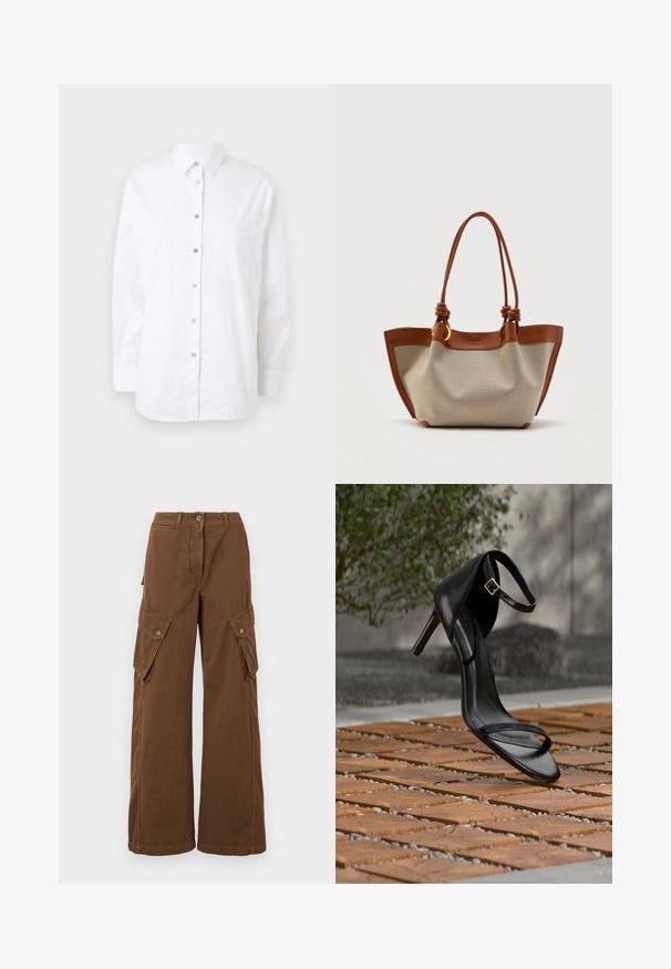 Weißes Langarmhemd aus Baumwolle. Hat eine Knopfverschlussfront mit farbigen Knöpfen, eine Brusttasche und einen klassischen Kragen.; Weekend Max Mara LUCY HALE ELVY - Cargohose - marrone; Schwarze Sandalette mit hohem Absatz und Knöchelriemen schwebt über einem Holzboden im Freien vor verschwommenem Grün und Steinhintergrund.; Beige Canvas-Einkaufstasche mit braunen Lederbesätzen und -griffen, mit geknoteten Griffdetails und goldenen Ringen als Akzente.