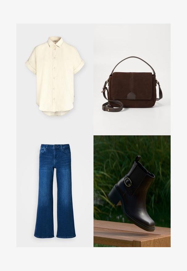 Chemise beige à manches courtes avec poignets retroussés, col classique et ourlet légèrement arrondi de la marque éco-responsable ECOALF.; Jean en denim bleu à jambe large avec taille haute, doté de cinq poches, fermeture à bouton et à zip, et d'une texture lisse et uniforme.; Bottine en cuir noir avec un petit talon et une boucle latérale flottant au-dessus d'une surface en bois en extérieur avec un fond de feuillage vert.; Sac messager en daim marron avec un rabat plat à l'avant, des accents en cuir marron, une bandoulière ajustable et un design minimaliste.