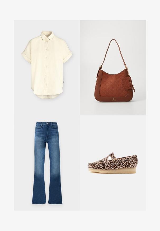 Chemise beige à manches courtes avec poignets retroussés, col classique et ourlet légèrement arrondi de la marque éco-responsable ECOALF.; Jeans évasés en denim bleu avec une taille mi-haute, présentant un design classique à cinq poches et un léger effet délavé qui met en valeur la texture du tissu.; Chaussure de style mocassin en tissu imprimé léopard, semelle en crêpe beige, et bride latérale à boucle sur fond blanc.; Sac à épaule en cuir marron avec motif gaufré, quincaillerie dorée, porte-carte assorti attaché, et logo "ANNA FIELD" à l'avant.