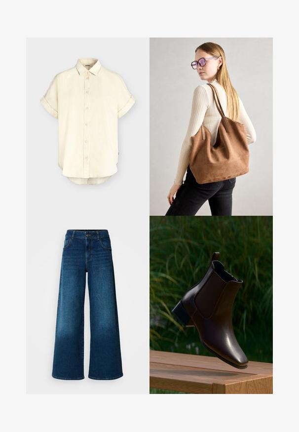 Chemise beige à manches courtes avec poignets retroussés, col classique et ourlet légèrement arrondi de la marque éco-responsable ECOALF.; Jean large en denim bleu foncé. Doté d'une taille haute, d'une fermeture à bouton et d'un design classique à cinq poches avec une légère décoloration.; Bottine en cuir marron foncé avec petit talon et languette, présentée en suspension au-dessus d'un banc en bois avec des plantes vertes en arrière-plan.; Sac fourre-tout en daim marron avec une texture douce, grande ouverture et longues sangles. Présente un design simple avec des coutures visibles et sans matériel.