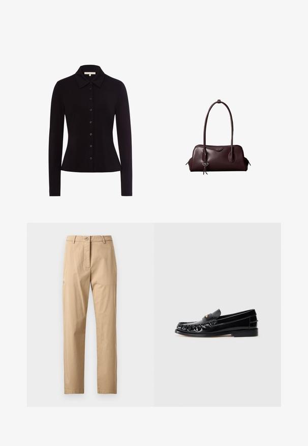 Schwarzes Langarmhemd mit Kragen, featuring eine durchgehende Knopfleiste und eine taillierte Passform, aus glattem Stoff gefertigt.; Beige Chinos mit glatter Textur, geradem Schnitt, Bund mit Knopfverschluss und Fronttaschen. Minimalistisches Design, keine sichtbaren Muster.; Schwarze LederSlipper mit runder Zehenform, dekorativen Nähten und einem kleinen goldenen Akzent auf dem Vorderblatt. Flache Gummisohle, elegantes Design.; Dunkelbraune Lederhandtasche von Calvin Klein mit langen doppelten Griffen und einem kleinen Logoanhänger, der an einem Griff hängt.