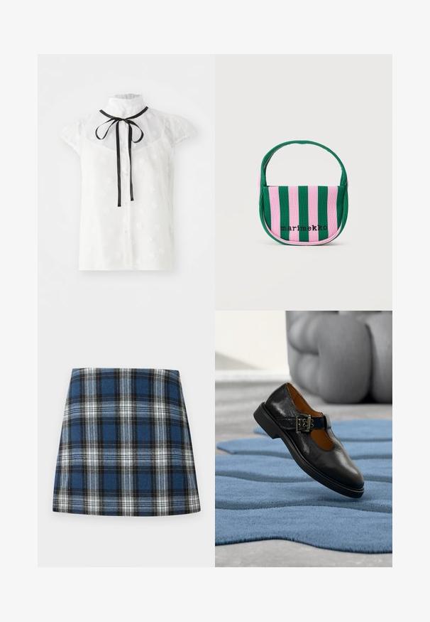 Blouse blanche transparente avec des manches courtes bouffantes, un col haut, un nœud en ruban noir et de petits motifs floraux, avec des boutons en perles sur le devant.; Jupe en tartan bleu présentant un motif à carreaux varié en bleu, noir et blanc. Fabriquée dans un tissu texturé avec une silhouette ajustée.; Chaussure Mary Jane en cuir noir avec une bride à boucle, flottant au-dessus d'un tapis bleu texturé, avec une sculpture floue en arrière-plan.; Petit sac à main avec des rayures verticales roses et vertes, une poignée incurvée, et le texte noir "marimekko" sur le devant.