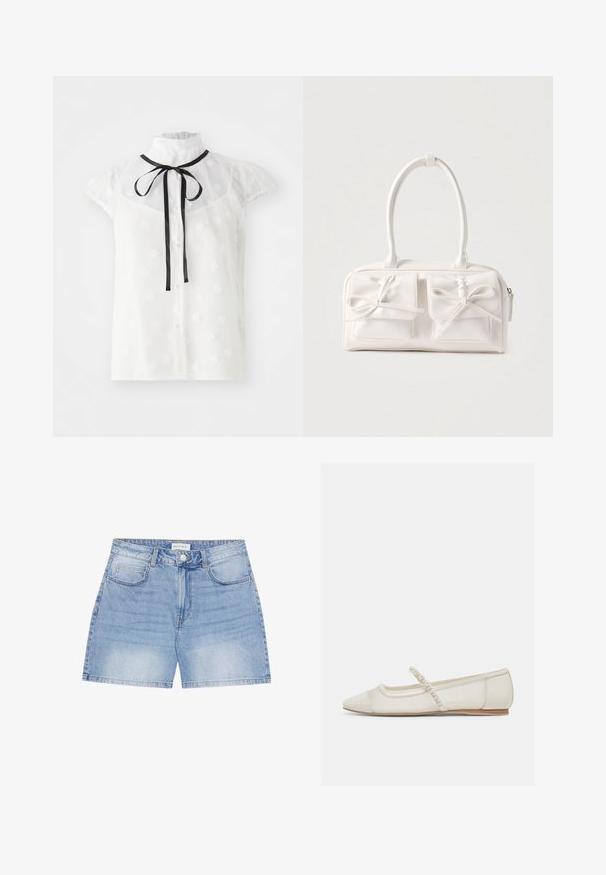 Blouse blanche transparente avec des manches courtes bouffantes, un col haut, un nœud en ruban noir et de petits motifs floraux, avec des boutons en perles sur le devant.; Short en jean bleu clair avec fermeture à boutons à l'avant, passants de ceinture et style cinq poches, marque Anna Field.; Chaussure plate ivoire à bout pointu avec bride ornée de perles et petit talon en bois, vue de côté sur un fond clair.; Sac à main synthétique blanc avec deux poches avant, chacune ornée d'un nœud noué. Texture lisse, anses arrondies et fermeture zippée.