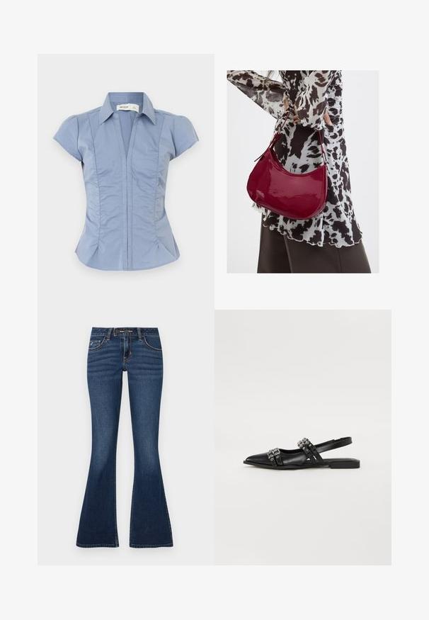 Chemise bleu clair à manches courtes avec col, coutures verticales et fronces discrètes sur les côtés, en textile lisse.; Jean évasé en denim bleu foncé, doté d'un design classique à cinq poches, de coutures contrastantes et d'une braguette zippée avec fermeture par bouton.; Even&Odd by Zalando Ballerines à brides arrière - black; Femme portant un chemisier à motif noir et blanc tenant un sac à main rouge brillant sur un fond uni.