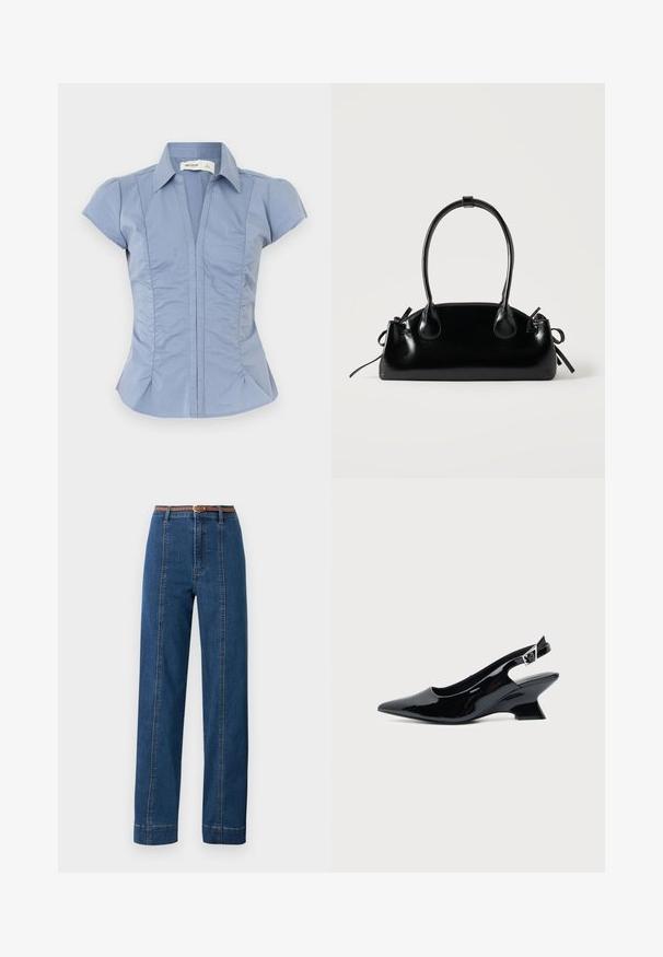 Chemise bleu clair à manches courtes avec col, coutures verticales et fronces discrètes sur les côtés, en textile lisse.; Jean en denim bleu foncé avec une coupe droite, taille haute et une ceinture tressée marron. Présente des coutures contrastées le long des coutures latérales.; Chaussure slingback en cuir verni noir avec bout pointu et petit talon bloc incliné sur fond clair uni.; Petit sac à main noir brillant avec deux longues anses et des détails à cordon sur les côtés sur un fond clair uni.