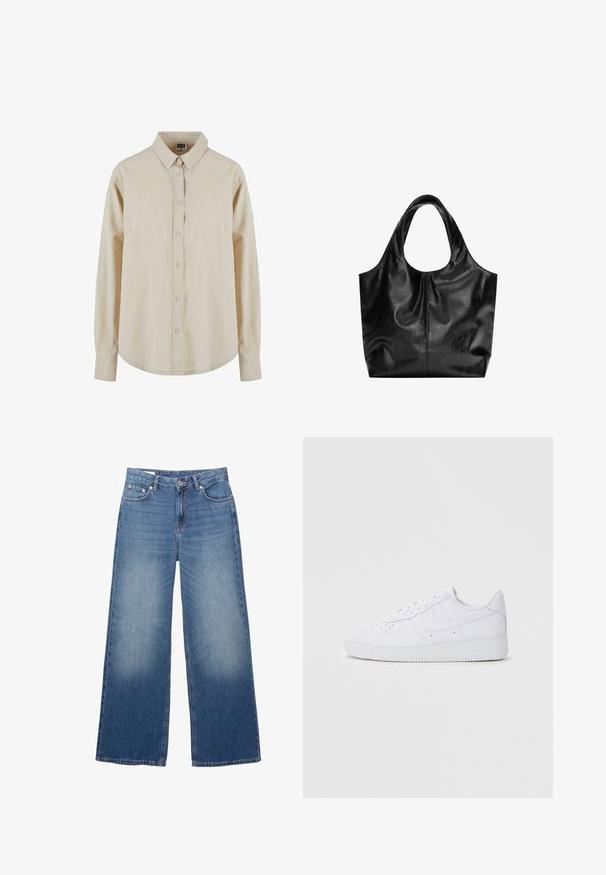 Beige overhemd met lange mouwen van katoen, met een knoopsluiting aan de voorkant, puntige kraag en één borstzak. Zachte textuur, relaxte pasvorm.; Blauwe denim wijde broek met voorste knoop en ritssluiting, voorzien van voor- en achterzakken en lichte slijtage op de dijen.; Witte Nike Air Force 1 sneakers met een leren bovenwerk, ronde neus, vetersluiting, gewatteerde kraag en textuurrubberzool.; Zwarte leren tote bag met een gladde textuur, een zachte ronde bovenkant en brede handvatten. Kenmerkt zich door minimale stiksels en een slungelige silhouet.