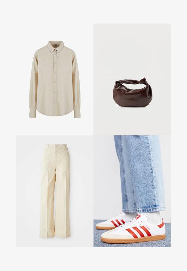 Chemise beige à manches longues en coton, avec un devant à boutons, un col pointu et une poche poitrine unique. Texture douce, coupe décontractée.; Pantalons large en beige avec une taille haute, dotés d'un tissu lisse et de plis avant soigneusement repassés, sur un fond blanc uni.; Baskets en cuir blanc avec des rayures et des accents rouges. Dotées d'une semelle extérieure en gomme texturée et d'un col rembourré. Portées avec un jean en denim bleu clair.; Sac bandoulière en cuir marron foncé avec une forme souple et décontractée et une anse nouée torsadée sur un fond blanc uni.