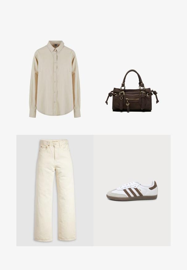Chemise beige à manches longues en coton, avec un devant à boutons, un col pointu et une poche poitrine unique. Texture douce, coupe décontractée.; Jean à jambes larges en denim écru, doté d'une taille haute, de rivets en cuivre et d'un design classique à cinq poches. Tissu texturé avec des ourlets nets.; Basket Adidas Samba blanche et marron avec trois bandes marron, lacets et semelle texturée, vue de côté sur fond uni.; Sac à main en cuir marron foncé avec double poignée, poche avant zippée, boucles décoratives et nœuds latéraux sur fond blanc.