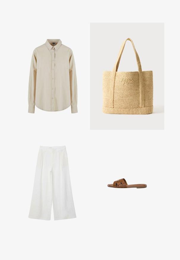 Beige overhemd met lange mouwen van katoen, met een knoopsluiting aan de voorkant, puntige kraag en één borstzak. Zachte textuur, relaxte pasvorm.; Witte broek met wijde pijpen, hoge taille en plooien, met steekzakken en riemlussen.; Bruine leren slide sandaal met gekruiste banden, platte zool en een gladde textuur. Eenvoudig ontwerp zonder versieringen of patronen.; Beige geweven strooien tas met twee schouderbanden en subtiele cursieve borduurwerk aan de voorkant, tegen een effen achtergrond.