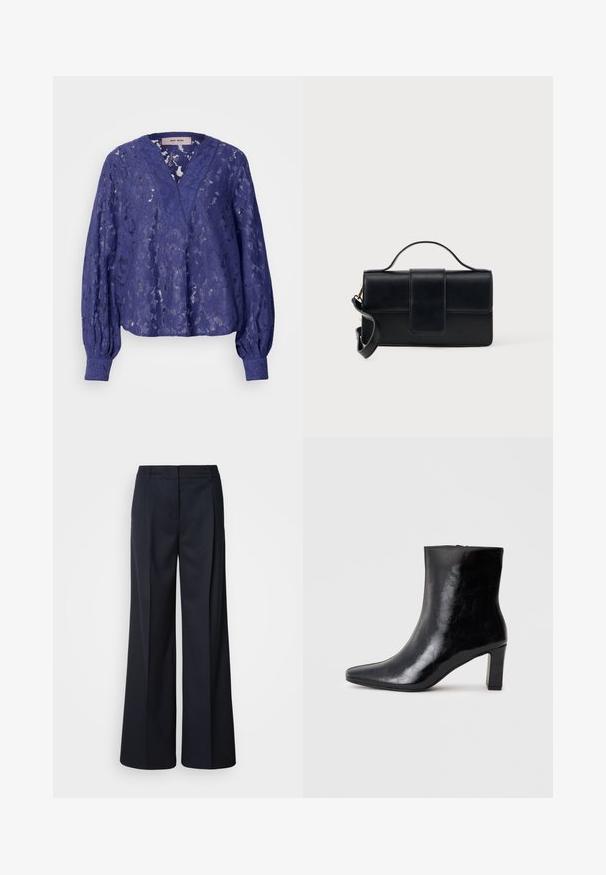 Blouse en dentelle purple avec un décolleté en V, des manches bouffantes longues et des poignets côtelés. Le tissu présente des motifs floraux et une texture translucide.; Pantalon à jambes larges bleu marine foncé, en tissu lisse. Il présente une ceinture cintrée et des plis devant, conçu pour une coupe décontractée.; Bottine noire en cuir brillant, avec un bout pointu et un talon carré moyen, présentant une texture lisse et un design simple.; Sac à main en cuir noir de forme rectangulaire, avec une poignée sur le dessus et une bandoulière réglable. Il comporte un rabat avant avec une fermeture magnétique.