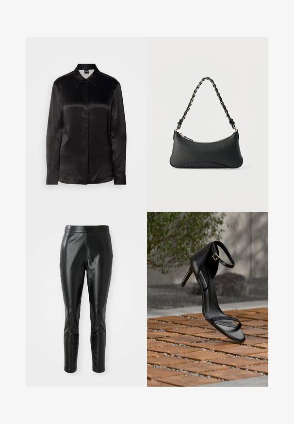 Schwarze Satin-Hemd mit langen Ärmeln, spitzem Kragen, vorderem Knopfverschluss und Manschetten. Glatte Textur und minimalistisches Design.; Schwarze Lederhosen mit schmaler Passform, die über eine glatte Textur und einen hohen Bund verfügen. Die Details umfassen Knieakzente für ein zusätzliches Design.; Schwarze Sandalette mit hohem Absatz und Knöchelriemen schwebt über einem Holzboden im Freien vor verschwommenem Grün und Steinhintergrund.; Schwarze Lederschultertasche mit gewölbter rechteckiger Form, goldener Kette, die in den geflochtenen schwarzen Riemen eingewebt ist, und Reißverschlussverschluss oben.