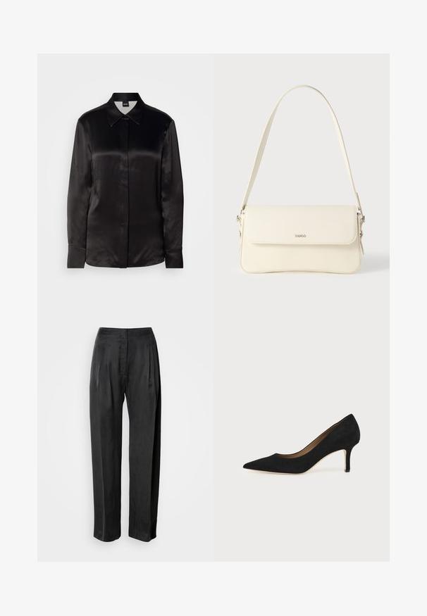 Chemise noire en satin à manches longues avec un col pointu, une fermeture à boutons sur le devant et des poignets. Texture lisse et design minimaliste.; Pantalon noir à jambes larges en tissu lisse, avec plis sur le devant, braguette zippée et ceinture classique.; Escarpin en daim noir à bout pointu avec un talon stiletto fin de hauteur moyenne et un design à coupe basse sur un fond uni.; Sac à bandoulière en cuir couleur crème avec fermeture à rabat, quincaillerie argentée, une bandoulière réglable et un logo discret.