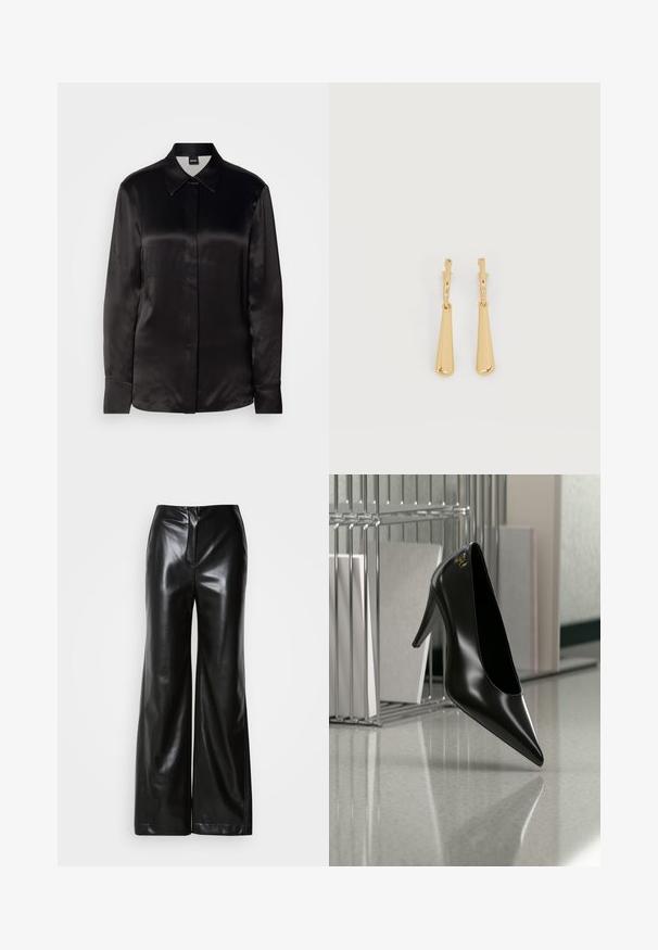 Musta satiininen pitkähiha-paita, jossa on terävä kaulus, etunappisuljenta ja hihansuut. Silkkinen rakenne ja minimalistisyyttä korostava muotoilu.; Mustat nahkashortsit, joissa on sileä tekstuuri, korkea vyötärö ja piilotettu etuvetoketju. Muotoonommeltu malli puhtaalla viimeistelyllä.; Musta teräväkärkinen korkokenkä, jossa kultainen logo, sijoitettuna heijastavalle pinnalle kromisen langallisesta tiedostojärjestelijän lähelle, jossa on asiakirjoja.; Kultakullanväriset roikkuvat korvakorut, joissa on sileät, pitkulaiset pisaramaiset riipukset, jotka riippuvat pienistä rengaslukkoista valkoisella taustalla.