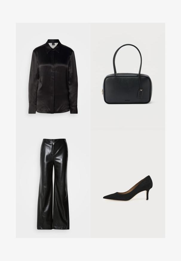 Schwarze Satin-Hemd mit langen Ärmeln, spitzem Kragen, vorderem Knopfverschluss und Manschetten. Glatte Textur und minimalistisches Design.; Schwarze Lederweite-Hosen mit glatter Textur, hohem Bund und verdecktem Reißverschluss an der Vorderseite. Maßgeschneiderte Passform mit sauberem Finish.; Schwarzer Wildleder-Pumps mit spitzer Schuhspitze, schlankem mittelhohem Stiletto-Absatz und tiefem Ausschnitt auf einfachem Hintergrund.; Schwarze rechteckige Handtasche mit doppelten, abgerundeten Griffen, goldfarbenem Reißverschluss und geprägtem „HUGO“-Logo auf der Vorderseite sowie angebrachtem Lederanhänger.