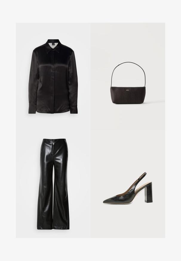 Chemise noire en satin à manches longues avec un col pointu, une fermeture à boutons sur le devant et des poignets. Texture lisse et design minimaliste.; Pantalons larges en cuir noir avec une texture lisse, taille haute et fermeture éclair frontale dissimulée. Coupe ajustée avec une finition soignée.; Chaussure slingback en cuir noir à bout pointu avec un talon bloc haut et une doublure intérieure beige sur un fond clair uni.; Sac à main noir tissé texturé avec une seule bandoulière et un petit logo doré "BOSS" au centre devant.
