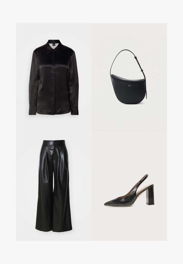 Zwarte satin lange mouwen blouse met een puntige kraag, knoopsluiting aan de voorkant en manchetten. Glad textuur en minimalistisch ontwerp.; Zwarte faux leren broek met wijde pijpen en hoge taille, met geplooid voorpand en een gladde textuur. Heeft een schoon, minimalistisch ontwerp.; Zwarte leren slingback schoen met spits toelopend neusje, hoge blokhak en beige binnenvoering tegen een effen lichte achtergrond.; Zwarte halfmaansvormige leren schoudertas met verstelbare riem en goudkleurig "BOSS"-logo middenvoor.
