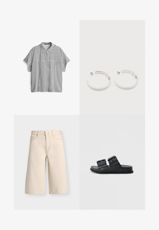 Kurzärmeliges Hemd mit Knopfleiste, das ein schwarz-weiß gestreiftes Muster aufweist, mit Kragen und lockerer Passform. Glatte Stofftextur.; Beige knielange Denim-Shorts mit vorderem Knopf und Reißverschluss, Gürtelschlaufen und Fünf-Taschen-Stil.; Schwarze Riemchensandalen aus strukturiertem Material mit zwei verstellbaren Riemen und Schnallen. Flacher Absatz mit einem gemusterten Profil für besseren Halt.; Ohrstecker in Silberoptik, halbkreisförmig mit geriffelter Textur und Steckverschlüssen, auf weißem Hintergrund.