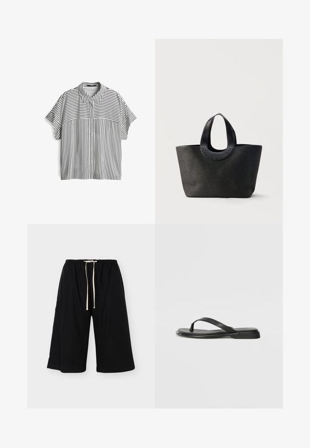 Korte mouwen overhemd met knoopsluiting, voorzien van een zwart-wit gestreept patroon, met een kraag en een relaxte pasvorm. Glad stoftextuur.; Zwarte losse kniëlange shorts met elastische tailleband en wit trekkoord, weergegeven op een effen lichte achtergrond.; Zwarte teenflip-flop van glad leer, met een dunne band en een platte zool met een minimalistisch profiel. Geen opvallende patronen of accenten.; Zwarte getextureerde tote bag met brede afgeronde handvatten met het geperste merknaam "Samsøe Samsøe" op een neutrale achtergrond.