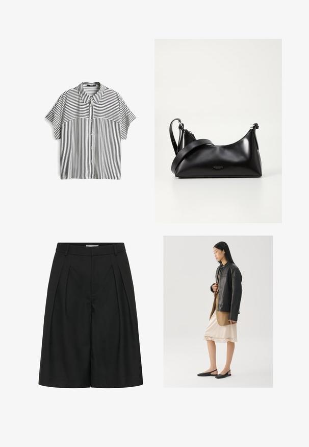Kurzärmeliges Hemd mit Knopfleiste, das ein schwarz-weiß gestreiftes Muster aufweist, mit Kragen und lockerer Passform. Glatte Stofftextur.; Schwarze, hochgeschnittene, maßgeschneiderte Shorts mit vorderen Falten, Gürtelschlaufen und verdecktem Frontverschluss.; Schwarze Lederjacke über einem braunen Oberteil, kombiniert mit einem hellen cremefarbenen Slip-Kleid mit Spitzenbesatz und schwarzen Slingback-Schuhen.; Schwarze lederne Handtasche mit glatter Textur. Verfügt über einen verstellbaren Riemen und ein elegantes, minimalistisches Design mit einem Reißverschluss.