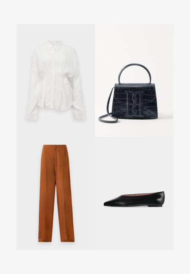 Chemise blanche à manches longues, avec un col pointu, un devant à boutons et un design plissé. Fabriquée dans un tissu lisse avec un léger brillant.; Pantalons à jambes larges d'une couleur brun chaud, avec une texture lisse, une taille haute et des coutures blanches contrastantes le long des coutures.; Chaussure plate en cuir noir pour femme, avec bout pointu et petit talon, vue de côté sur un fond gris clair uni.; Sac à main en cuir noir embossé en crocodile avec un design structuré, une poignée supérieure, une bandoulière ajustable et un détail de logo en avant bien visible.