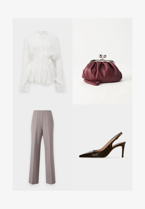 Chemise blanche à manches longues, avec un col pointu, un devant à boutons et un design plissé. Fabriquée dans un tissu lisse avec un léger brillant.; Pantalons gris ajustés avec une taille haute, des jambes larges et des plis avant marqués. Fabriqués en tissu lisse, avec des bords nets et sans quincaillerie visible.; Chaussure slingback à talon haut marron foncé, bout pointu, texture crocodile et petite boucle dorée sur la bride.; Petit sac pochette en cuir bordeaux avec fermoir métallique argenté et bracelet sur fond blanc.